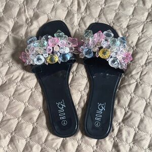 Rouge Helium Black Sandals with Multicolor Crystal Embellishments